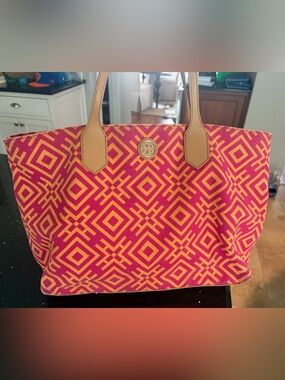 Tory Burch Pink and Orange Geometric Canvas Tote with Tan Leather Handles